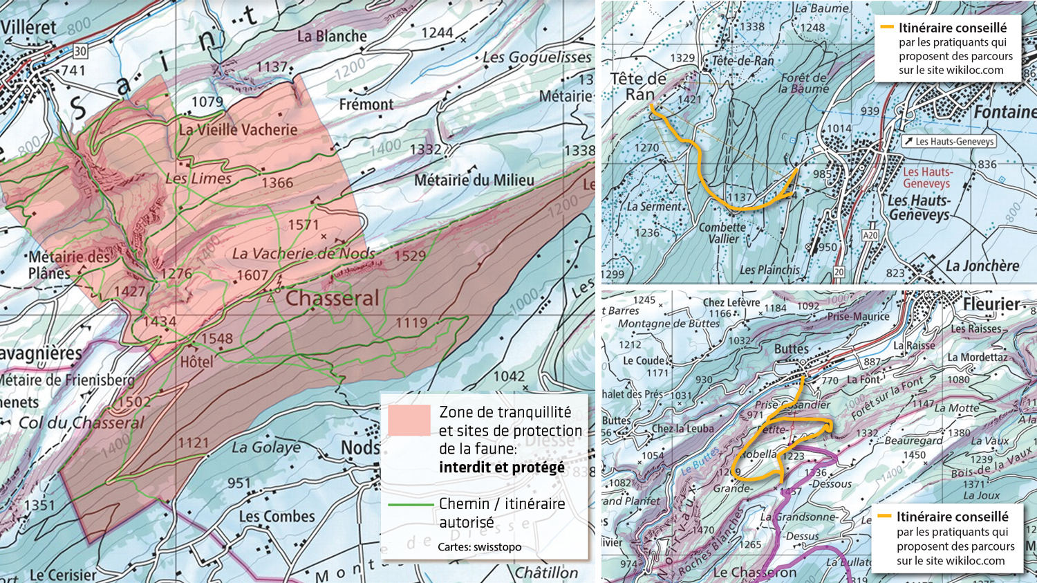 A Chasseral, la zone rouge est protégée. Seuls les chemins en vert peuvent être empruntés. Au Chasseron et à Tête-de-Ran, en revanche, les itinéraires sont légion. A la recherche d'une idée? Suivez la ligne orange.