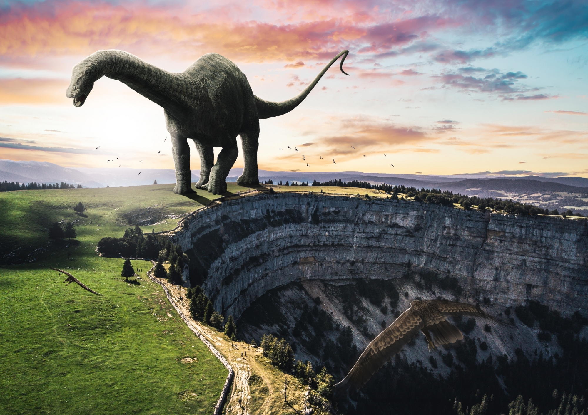 Un dinosaure se balade au Creux-du-Van.