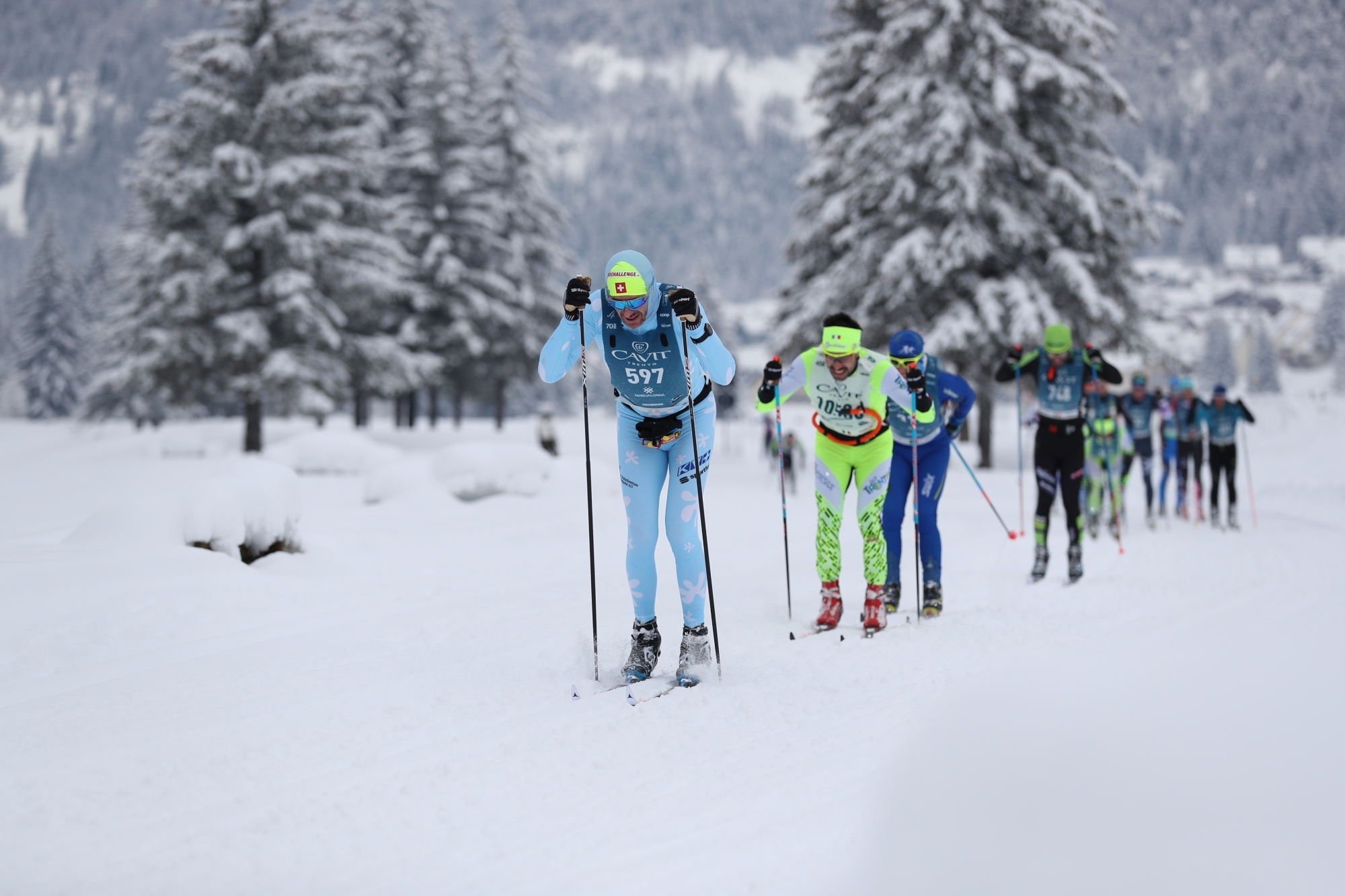 Yann Engel (597) à l'occasion de la troisième épreuve de la Visma Ski Classics à à Marcialonga, dans le Val di Fiemme italien.