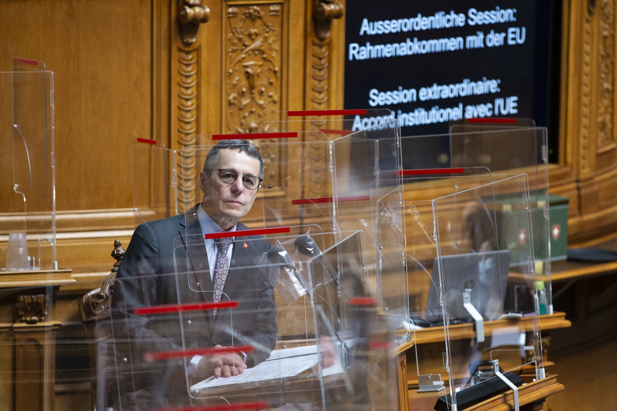 Bundesrat Ignazio Cassis waehrend der Debatte um das Rahmenabkommen mit der EU, waehrend der Wintersession der Eidgenoessischen Raete, am Mittwoch, 16. Dezember 2020, im Nationalrat in Bern. (KEYSTONE/Peter Klaunzer)