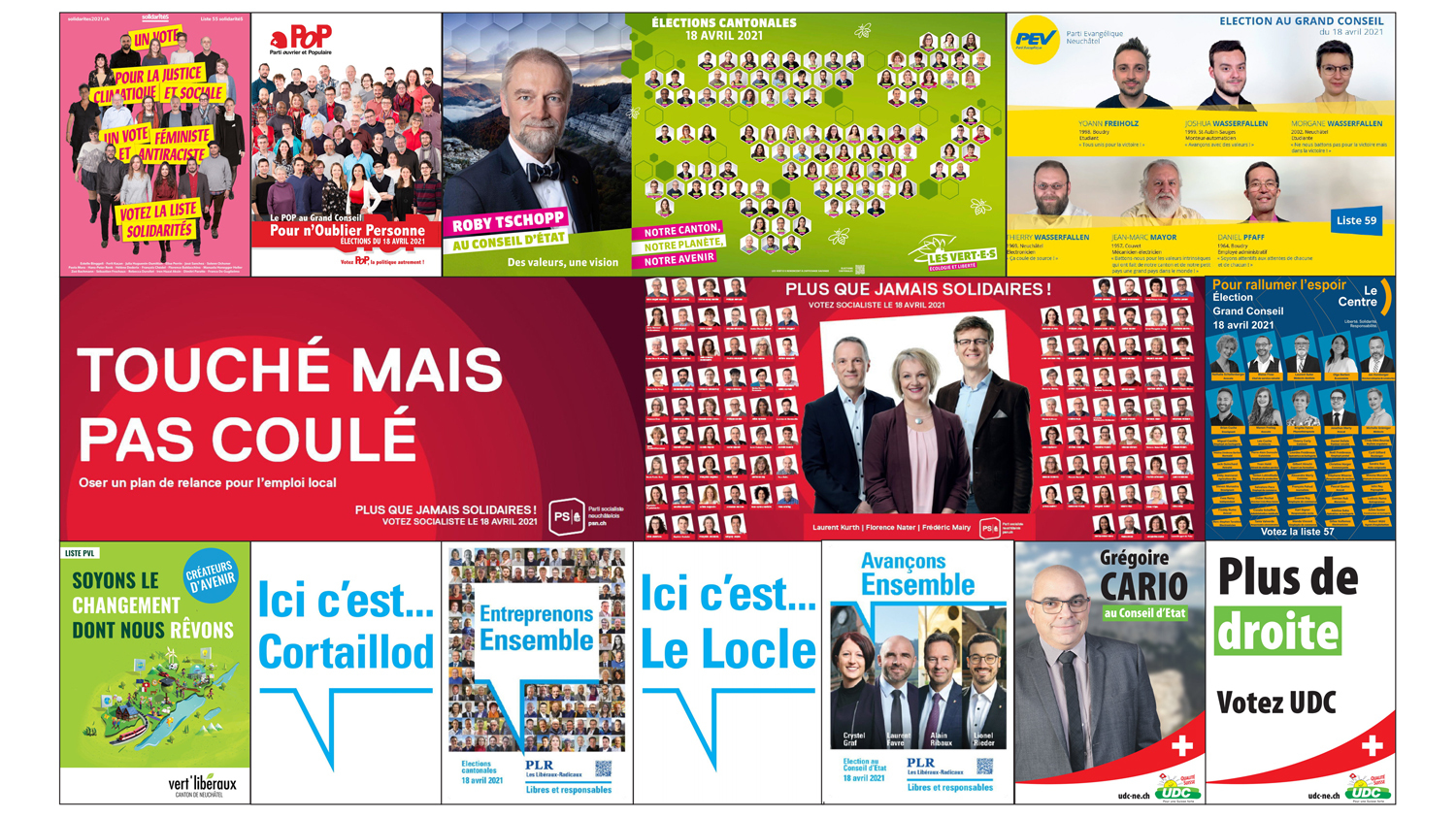 Une sélection d'affiches des partis politiques neuchâtelois pour les prochaines élections cantonales. Le visuel du PEV n'existe que sous forme de tract.