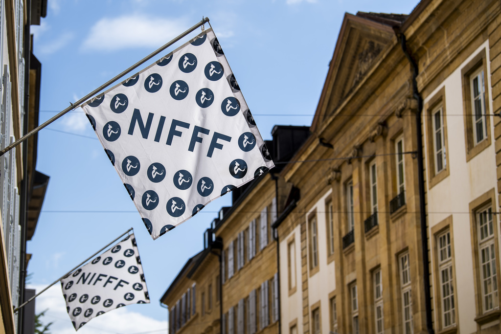 Une vue sur des drapeaux du festival NIFFF, Neuchâtel International Fantastique Film Festival, à Neuchâtel.