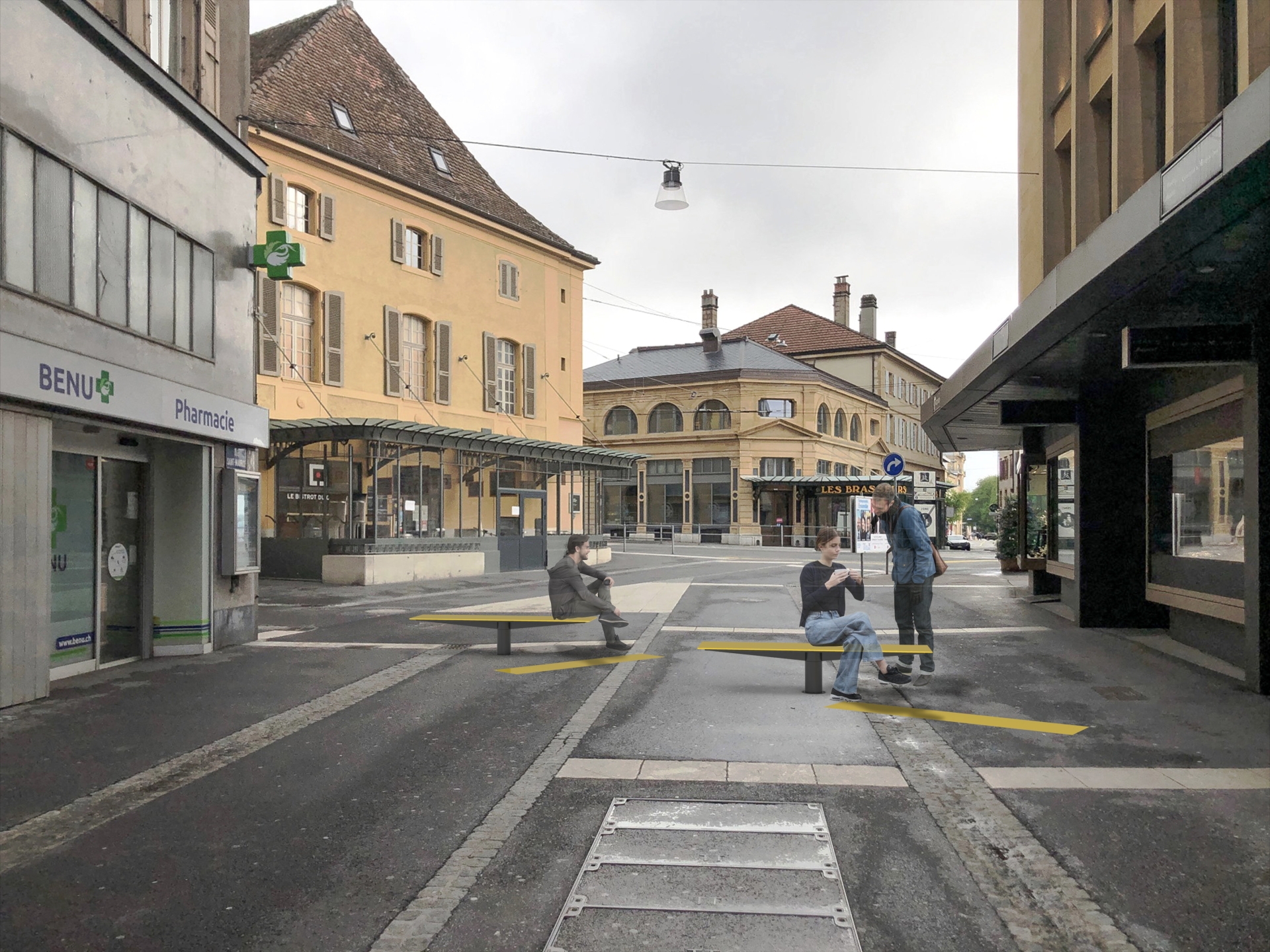 Cette image de synthèse  (ici à la rue Saint-Maurice) donne une idée de ce que donneront les bancs pivotants, auxquels s'ajoutera un marquage au sol.