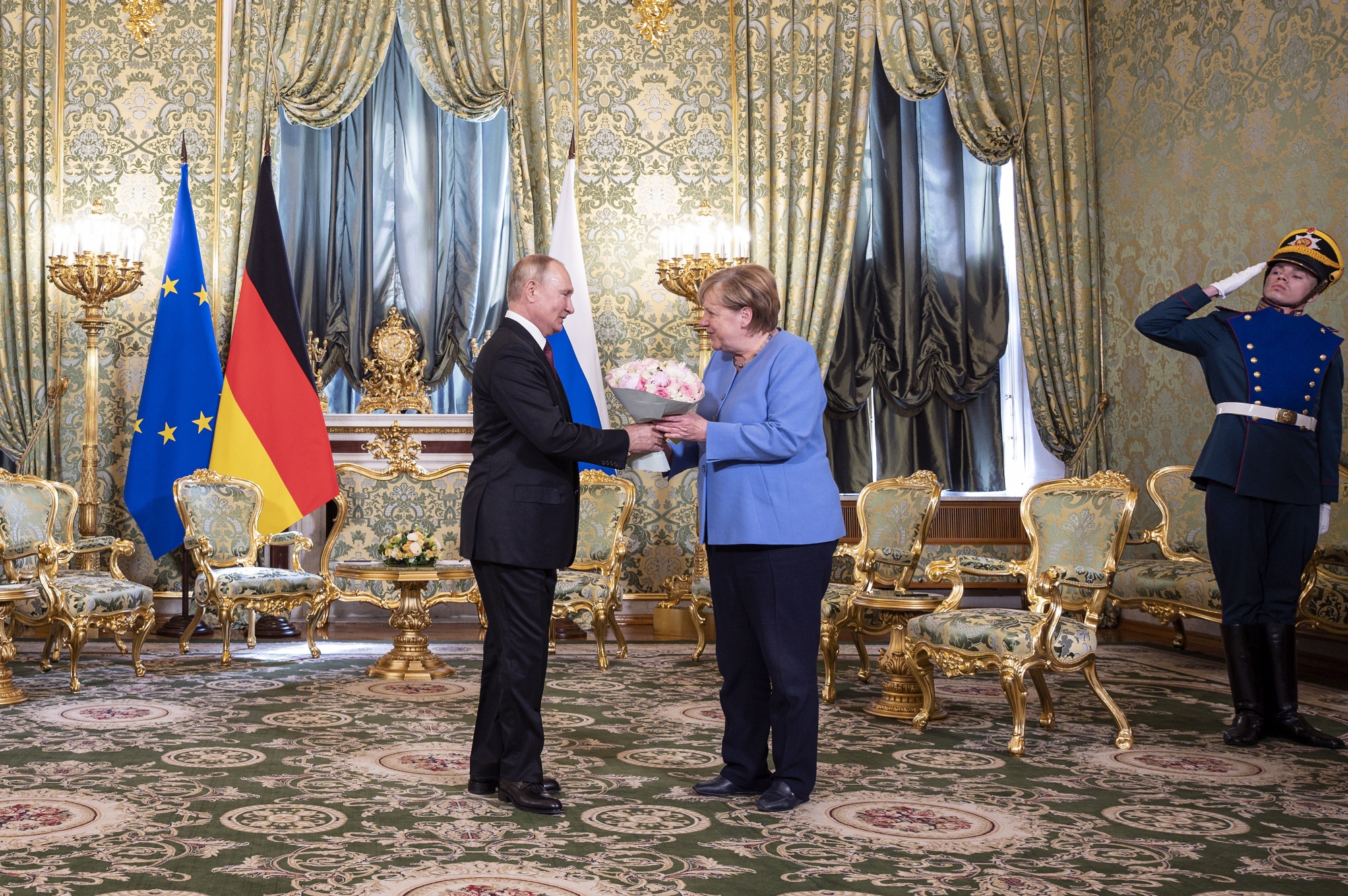 epa09421821 A handout photo made available by the Germn Government Press Office shows German Chancellor Angela Merkel meeting Russian President Vladimir Putin at the Kremlin in Moscow, Russia, 20 August 2021. The talks between Merkel and Putin are expected to focus on Afghanistan, the Ukrainian crisis and the situation in Belarus among other issues. EPA/Guido Bergmann HANDOUT HANDOUT EDITORIAL USE ONLY/NO SALES