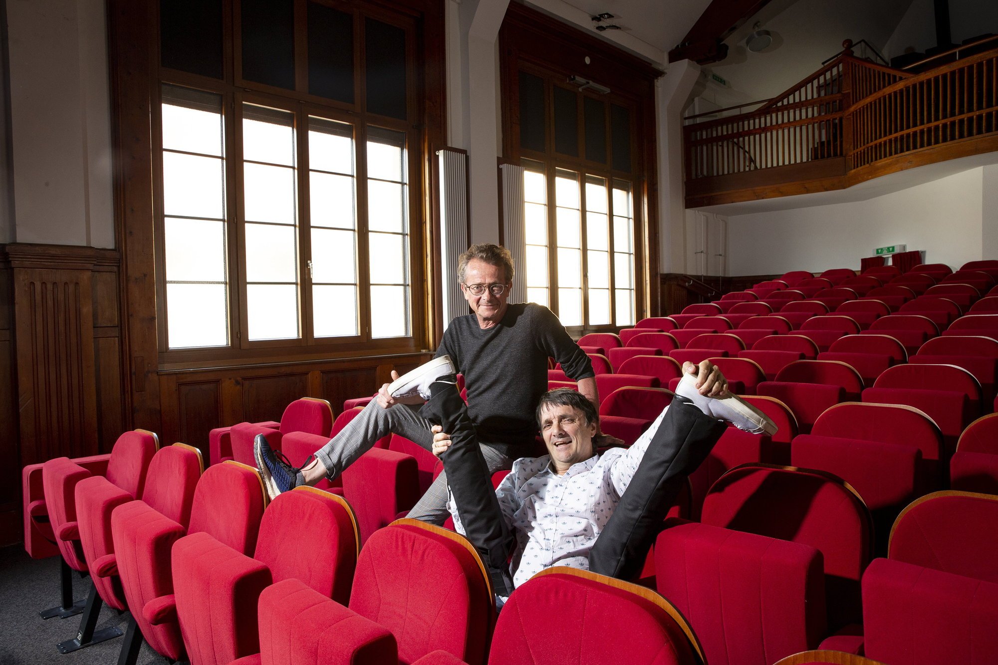 Vincent Kohler (à gauche) et Pierre Aucaigne en répétition au Théâtre de Colombier.