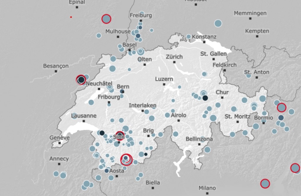 Les séismes survenus dans les 90 derniers jours. Les séismes ressentis sont en rouge.