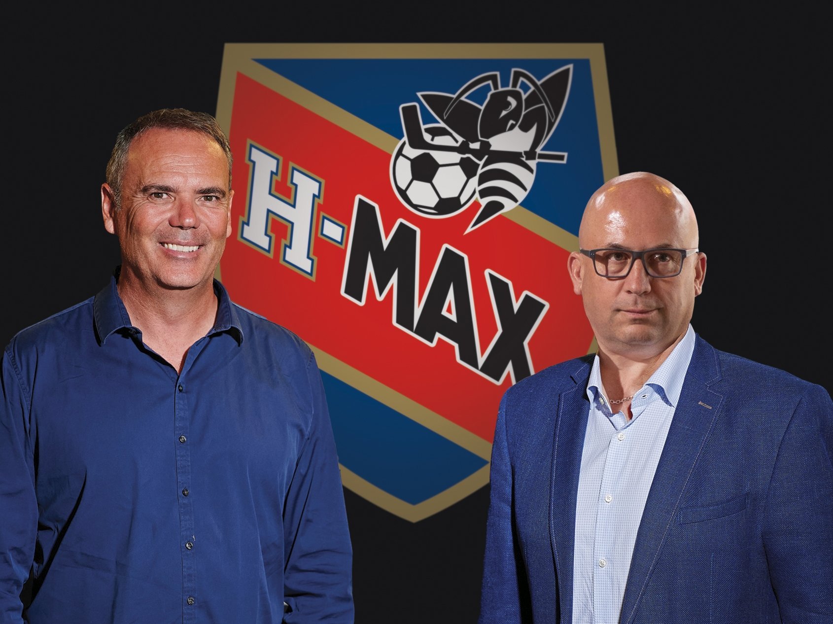 Jeff Collet, président de Xamax (à gauche) et Olivier Calame, président du HC La Chaux-de-Fonds, avec au centre le projet de nom et de logo.