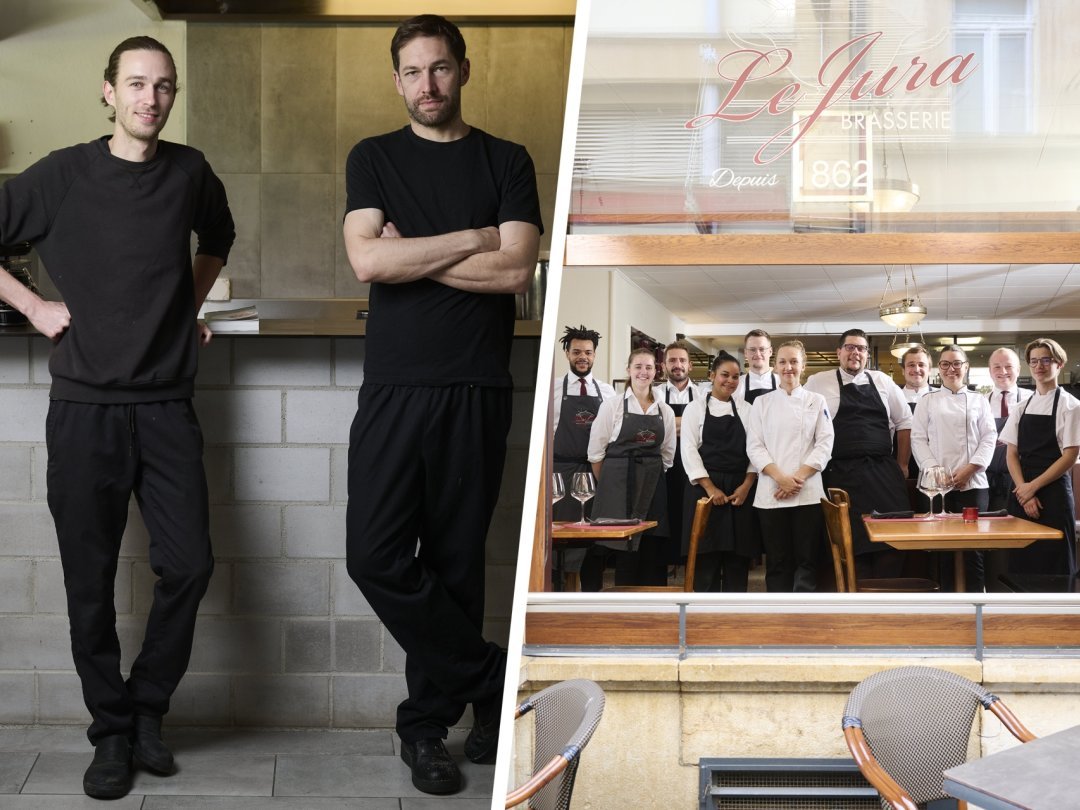 A gauche, les deux tenanciers de la Cantine verte, Justin Auberson (à gauche) et Yvan Anderson. A droite, le chef de la brasserie du Jura, David Silvi, et une partie de son équipe.