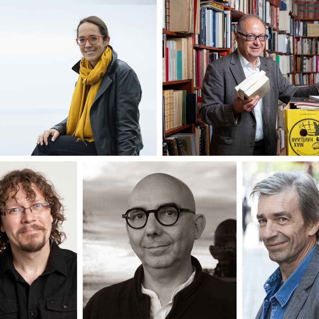 Cinq livres signés par des autrices et auteurs neuchâtelois: Odile Cornuz, Daniel Sangsue, Thomas Sandoz, Carlos Henriquez et Colin Thibert.