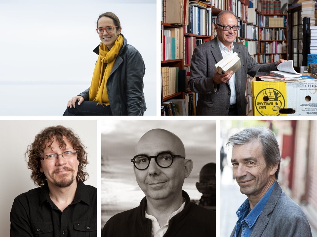 Cinq livres signés par des autrices et auteurs neuchâtelois: Odile Cornuz, Daniel Sangsue, Thomas Sandoz, Carlos Henriquez et Colin Thibert.