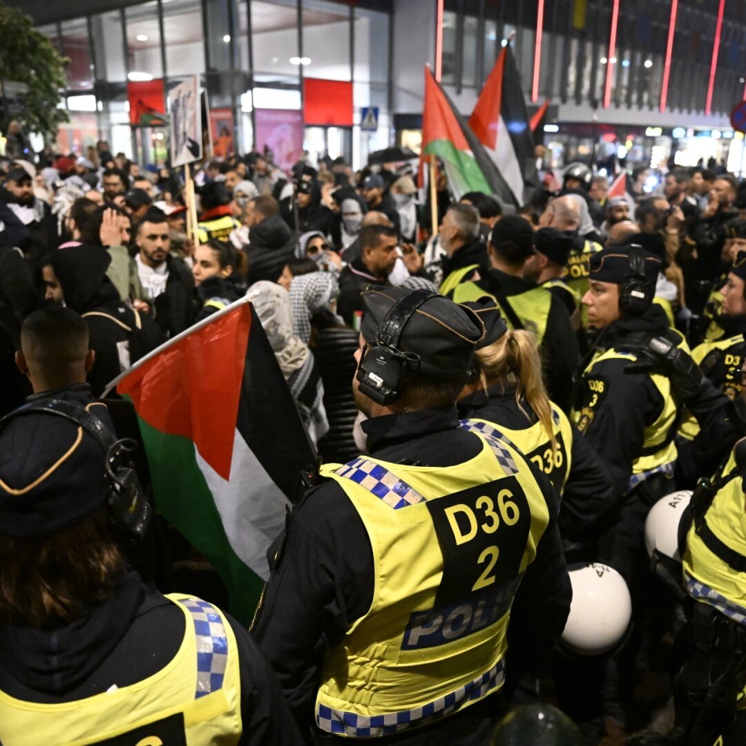 Manifestation pro-palestinienne, jeudi, aux abords de la Malmö Arena.