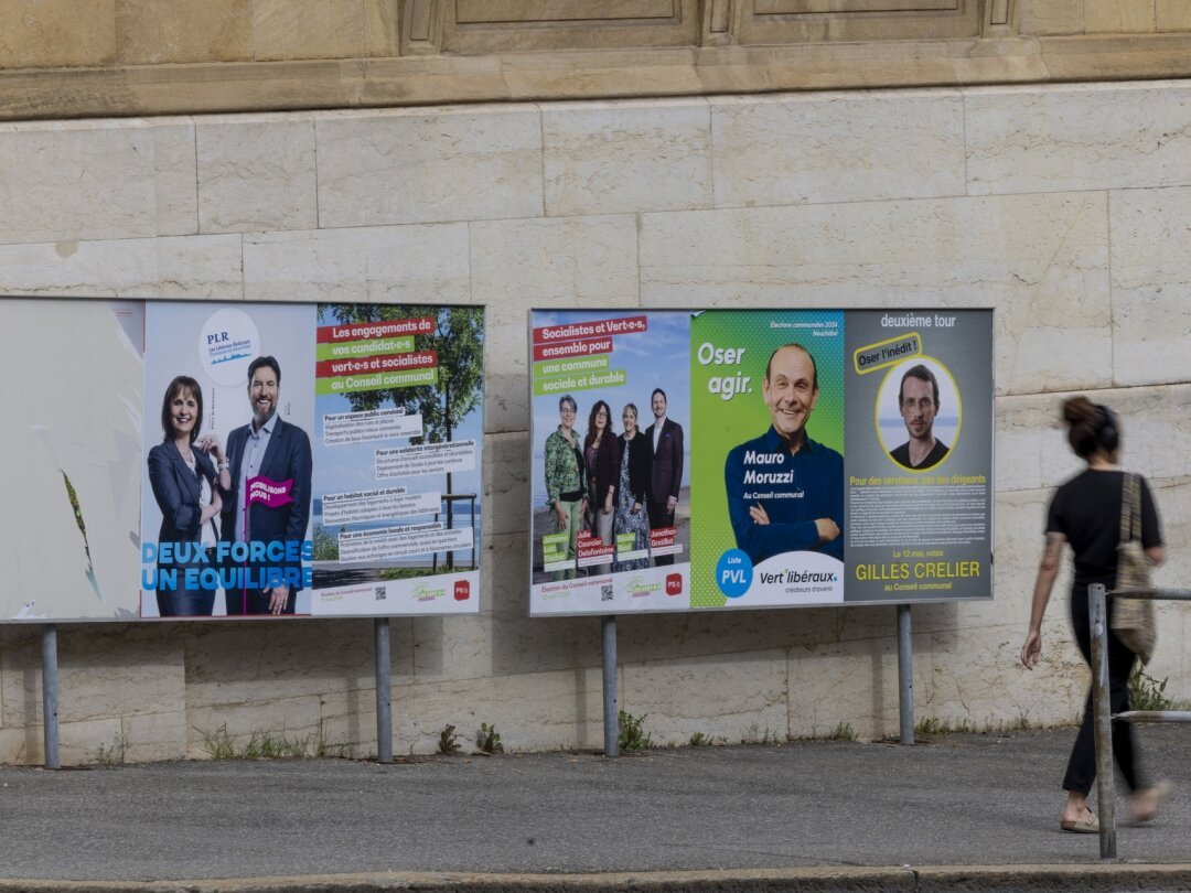 Affiches de campagne pour le second tour au Conseil communal de Neuchâtel.