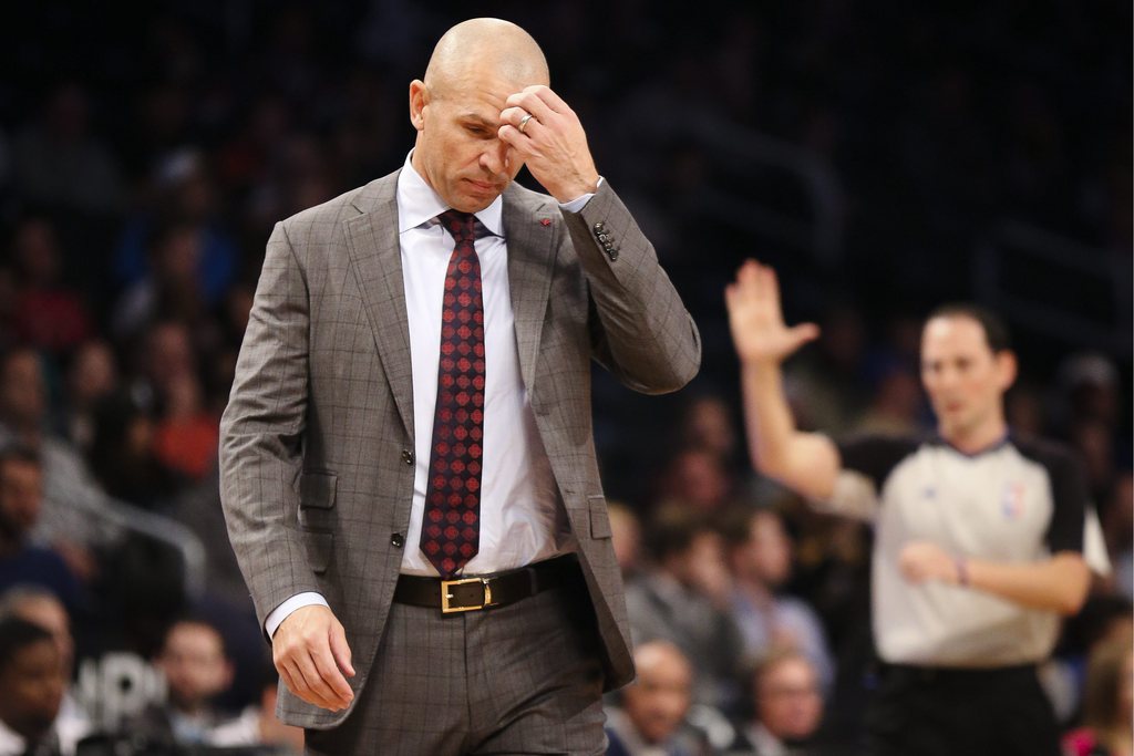 Brooklyn Nets head coach Jason Kidd reacts in the first quarter of a NBA basketball game against the Los Angeles Lakers at the Barclays Center, Wednesday, Nov. 27, 2013, in New York. (AP Photo/John Minchillo)
