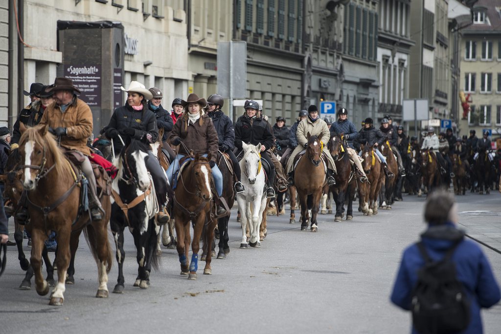 Pferdehalter demonstrieren gegen den Entwurf der neuen Raumplanungsverordnung, welcher Pferdehaltung in der Landwirtschaftszone erschwert, am Donnerstag, 28. November 2013, in Bern. (KEYSTONE/Peter Schneider)