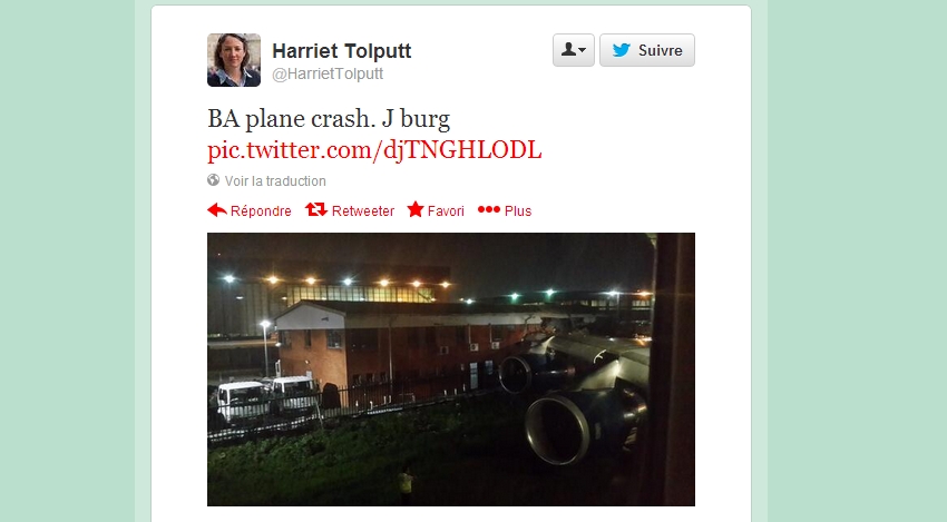 Un avion de BA heurte un bâtiment à l'aéroport de Joburg. Aucun blessé, sauf l'honneur du pilote", a écrit sur Twitter Harriet Tolputt. 