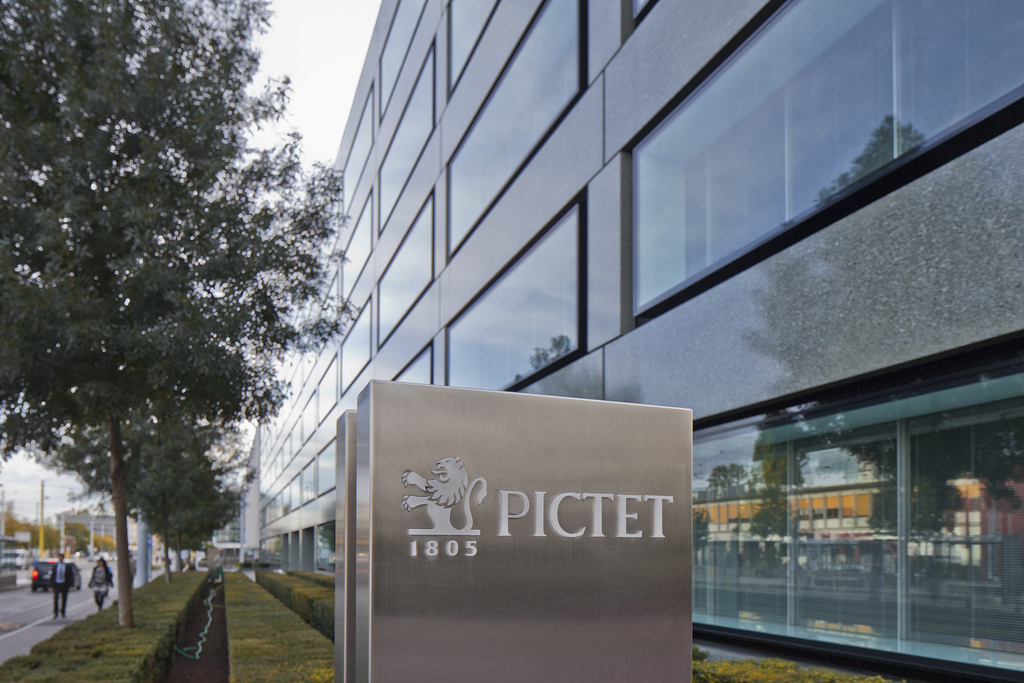 Headquarter building and logo of the private bank Pictet in Geneva, Switzerland, pictured on September 25, 2012 in Switzerland. Pictet & Cie is a Swiss bank, founded in 1805 in Geneva. It is organised as a partnership owned and managed by eight general partners. The Pictet Group ist headquartered in Geneva.Pictet is specialized on independent asset management.(KEYSTONE/Gaetan Bally)