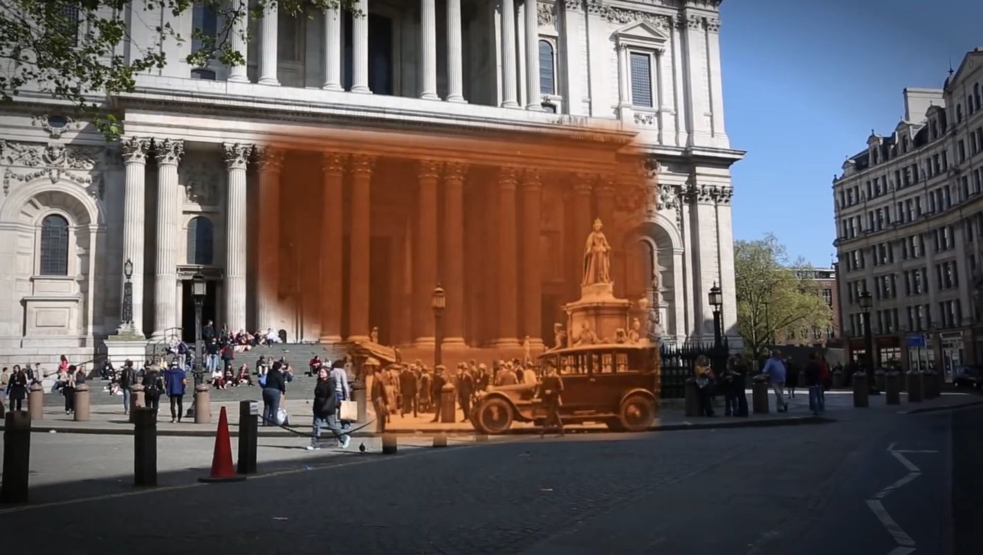 La cathédrale St-Paul, filmée en 2014, avec des images de 1924, incrustées au millimètre près par Simon Smith et son équipe.