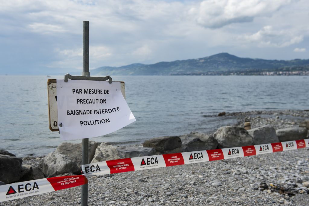 Un panneau interdisant la baignade a été posé sur une plage de Villeneuve, au bord du lac Léman jeudi.