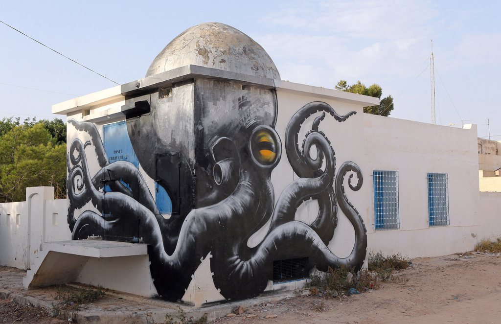 Sur l?le tunisienne de Djerba, les murs du village d'Erriadh ont ?t? investis par plus de 150 artistes muraux venus du monde entier. Ce projet de street-art se nomme "Djerbahood".
