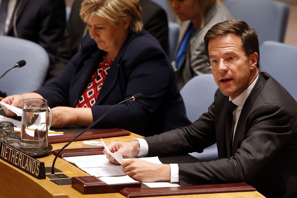 Prime Minister Mark Rutte of the Netherlands addresses a meeting of the United Nations Security Council regarding the threat of foreign terrorist fighters during the 69th session of the U.N. General Assembly at U.N. headquarters, Wednesday, Sept. 24, 2014. (AP Photo/Jason DeCrow)
