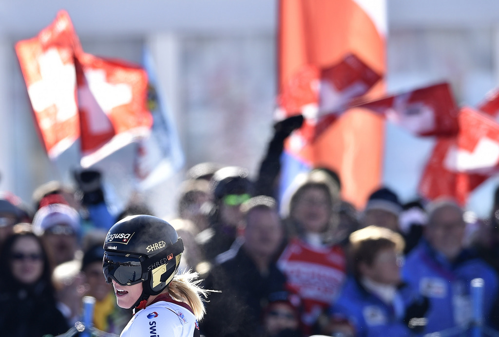 Lara Gut of Switzeland reacts after the women's downhill race of the FIS Alpine Ski World Cup Season in St. Moritz, Switzerland, on Saturday, January 24, 2015. (KEYSTONE/Peter Schneider)