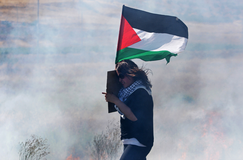 A Palestinian woman holds a national flag as she makes her way through tear gas during a demonstration against the Israeli military action in Gaza, near the West Bank town of Nablus, Wednesday, July 16, 2014.  Hundreds of Palestinian families, their children crying, fled Wednesday, as Israel intensified airstrikes on Hamas targets, including homes of the movement's leaders, following failed Egyptian cease-fire efforts. Before the renewed bombardment, Israel had told tens of thousands of residents of border areas to evacuate their neighborhoods. (AP Photo/Nasser Ishtayeh)