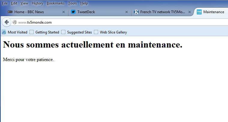 epa04696493 A screenshot dated 09 April 2015 showing the homepage of French TV5Monde TV network, with text saying 'We are currently in maintenance. Thank you for your patience.' TV5Monde said it was temporarily unable to broadcast on its channels and countered problems with its homepage and websites such as its Facebook site following what it said was a hack by unidentified persons that claimed to belong to Islamic State. TV5Monde early 09 April regained control of its Facebook site, but continued to have trouble in broadcasting on its channels.  EPA/STAFF
