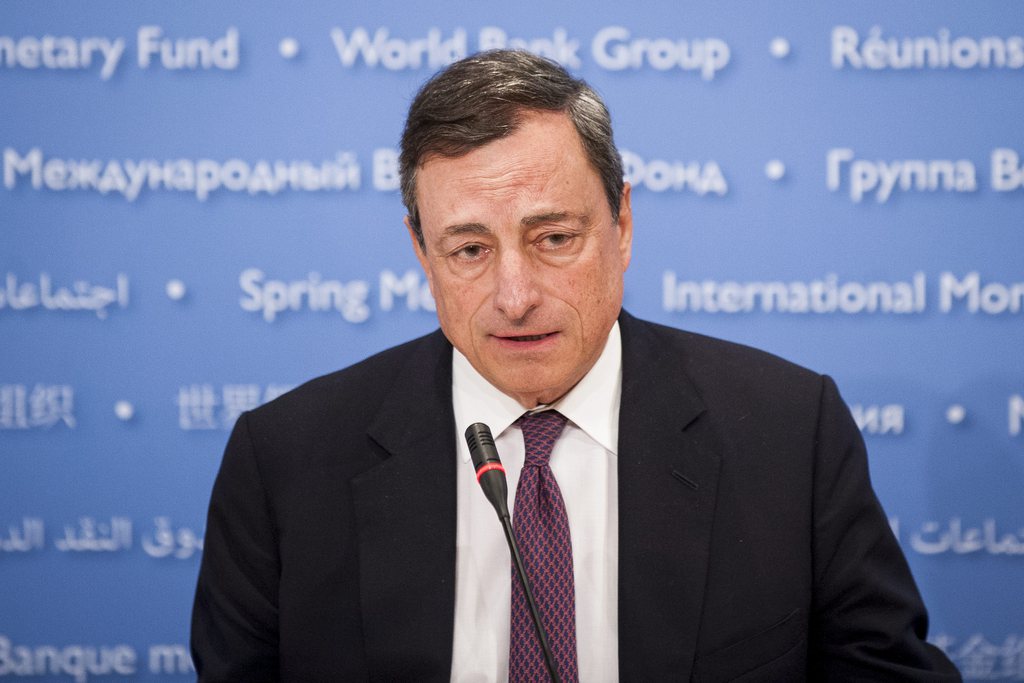 Mario Draghi, président de la Banque centrale européenne (BCE), lors des réunions semi-annuelles du FMI et de la Banque mondiale à Washington.