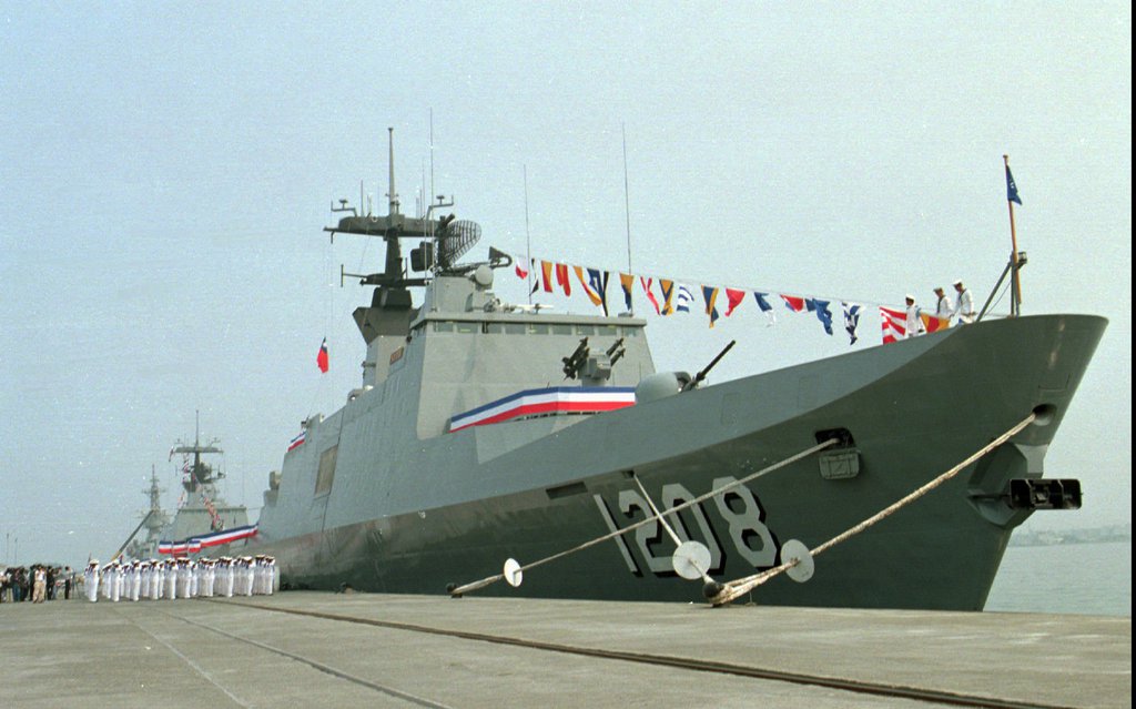 The Chengteh, the last of six French Lafayette frigates purchased by Taiwan as part of the upgrading of its navy, sits at its mooring during a commissioning ceremony on Thursday, March 19, 1998, at southern Tsoying Naval Base. Taiwan has stopped payments on the ships in the wake of a scandal alleging massive kickbacks to French politicians and lobbyists over the sale. (AP Photo)