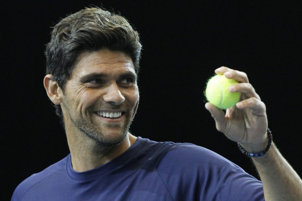 Tennis legend Mark Philippoussis of Australia reacts during his BNP Paribas Zurich Open match against Henri Leconte of France, unseen, at the ATP Champions Tour in Zurich, Switzerland, on Tuesday, March 20, 2012. (KEYSTONE/Alessandro Della Bella)