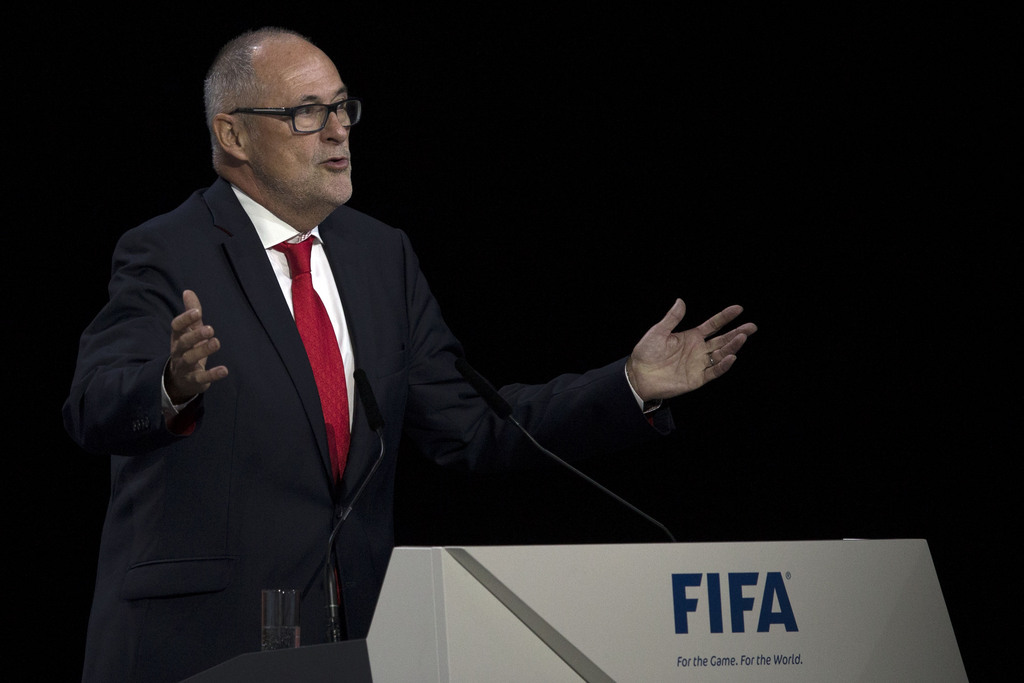 Peter Gillieron, president of the Swiss football association, delivers a speech during the 65th FIFA Congress held at the Hallenstadion in Zurich, Switzerland, Friday, May 29, 2015. The FIFA Congress will elect the FIFA president. (KEYSTONE/Patrick B. Kraemer)
