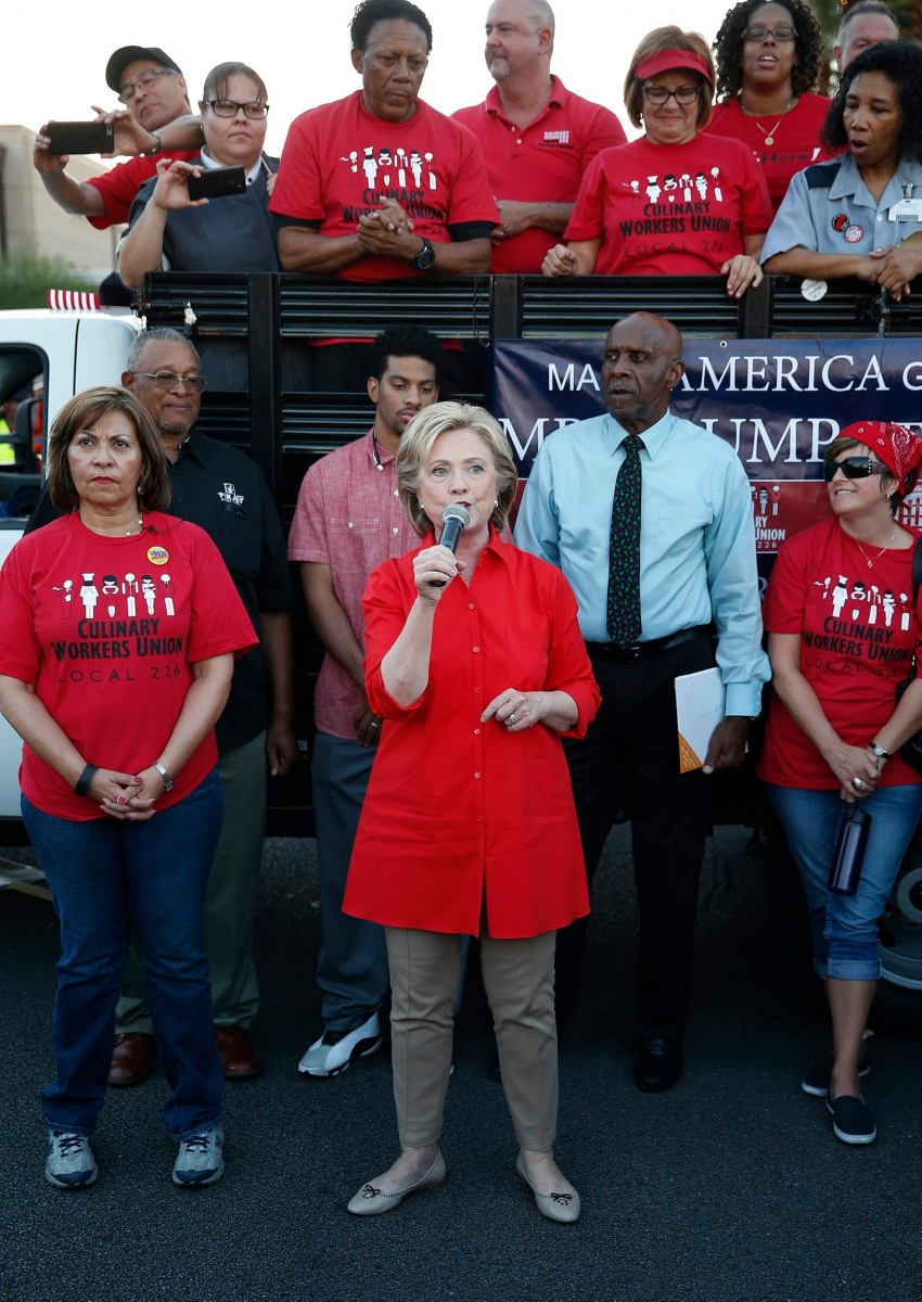 Democratic presidential candidate Hillary Rodham Clinton speaks during a rally Monday, Oct. 12, 2015, in Las Vegas, held by the Culinary Union to support a union drive at the Trump Hotel. (AP Photo/John Locher) DEM 2016 Clinton