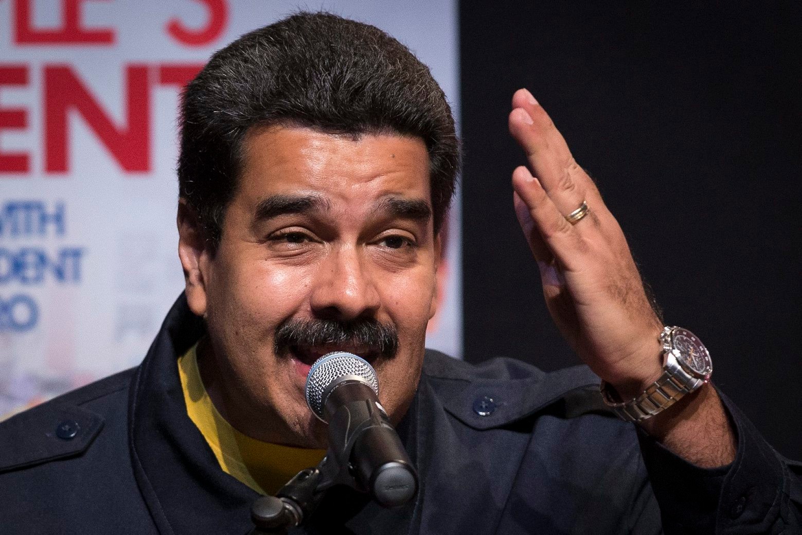 Nicolas Maduro, President of Venezuela, speaks at Hostos Community College as the United Nations General Assembly convenes, Tuesday, Sept. 23, 2014, in the Bronx borough of New York. (AP Photo/John Minchillo) Venezuela-Maduro in New York