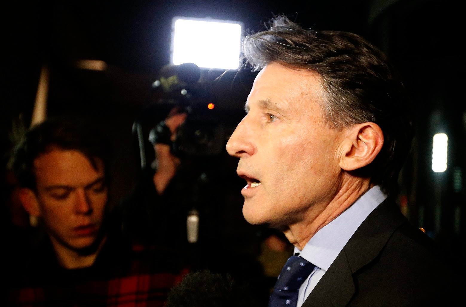 IAAF President Sebastian Coe gives a statement to journalists outside his office in London, Friday, Nov. 13, 2015. Russia's track and field federation has been suspended by governing body IAAF.(AP Photo/Frank Augstein) Britain IAAF