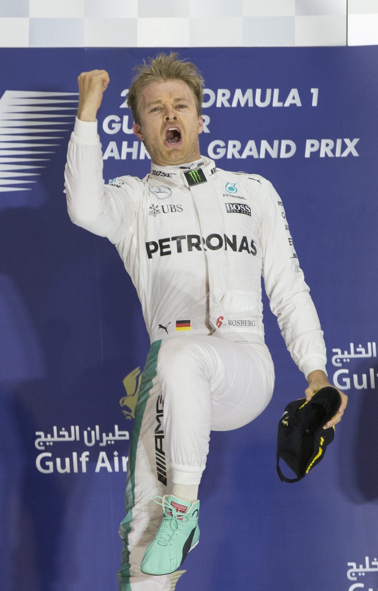 epa05242453 Winner German Formula One driver Nico Rosberg of Mercedes AMG GP celebrates on the podium after the Bahrain Formula One Grand Prix at the Sakhir circuit near Manama, Bahrain, 04 April 2016.  EPA/VALDRIN XHEMAJ BAHRAIN FORMULA ONE GRAND PRIX