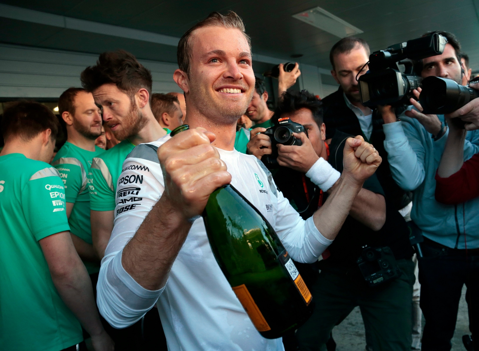 German Mercedes driver Nico Rosberg celebrates after winning the Formula One Russian Grand Prix at the Sochi Autodrom racetrack in Sochi, Russia, Sunday, May 1, 2016.(AP Photo/Ivan Sekretarev) Russia F1 GP Auto Racing