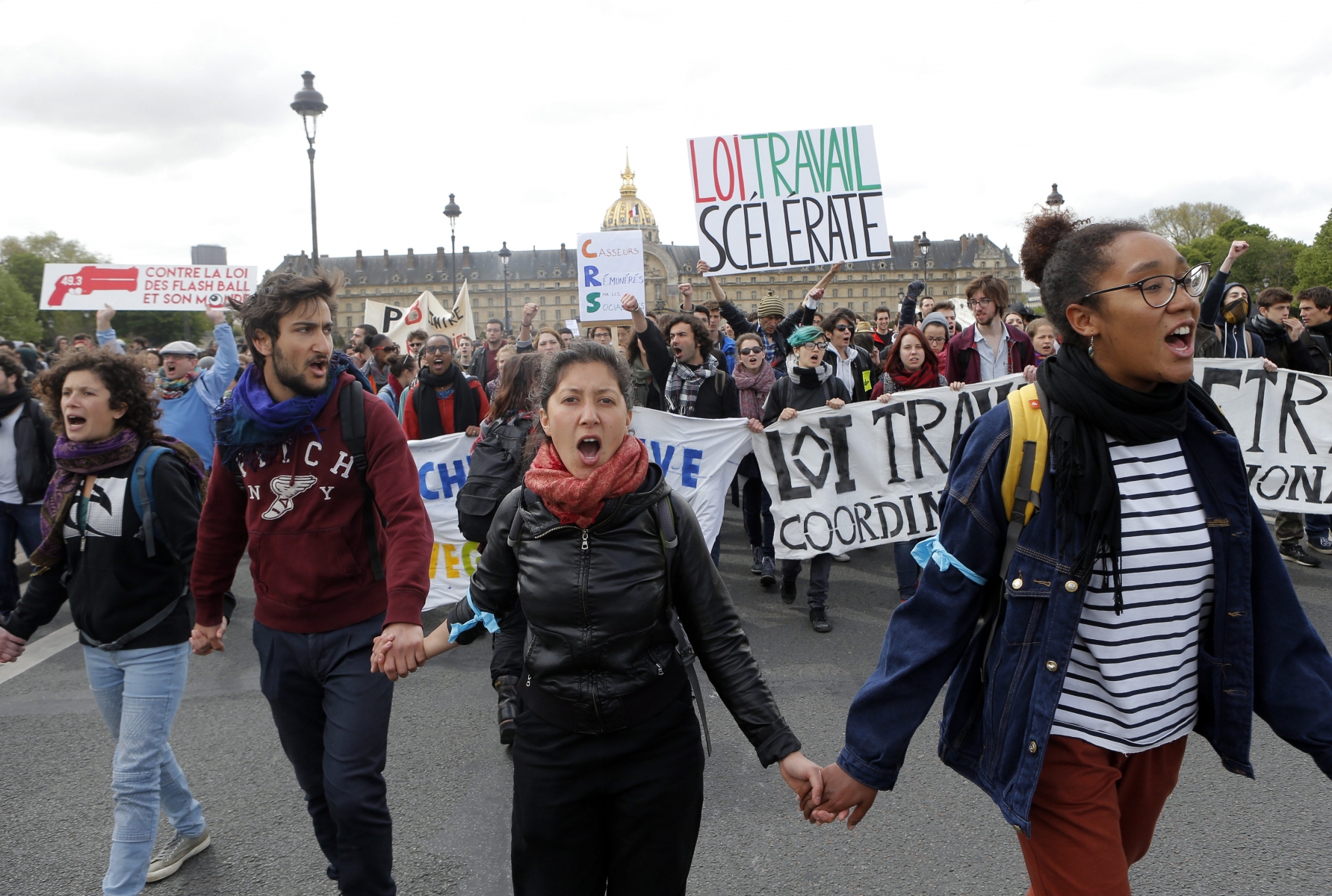 Students demonstrate against a labor bill that would make it easier to lay off workers and weaken some union powers, Tuesday, May 3, 2016 in Paris. After a month of often violent protests, French legislators on Tuesday started to debate a hotly contested labor bill that would make it easier to lay off workers, weaken some union powers, and relax rules regulating the country's 35-hour workweek. (AP Photo/Francois Mori) France Labor Law