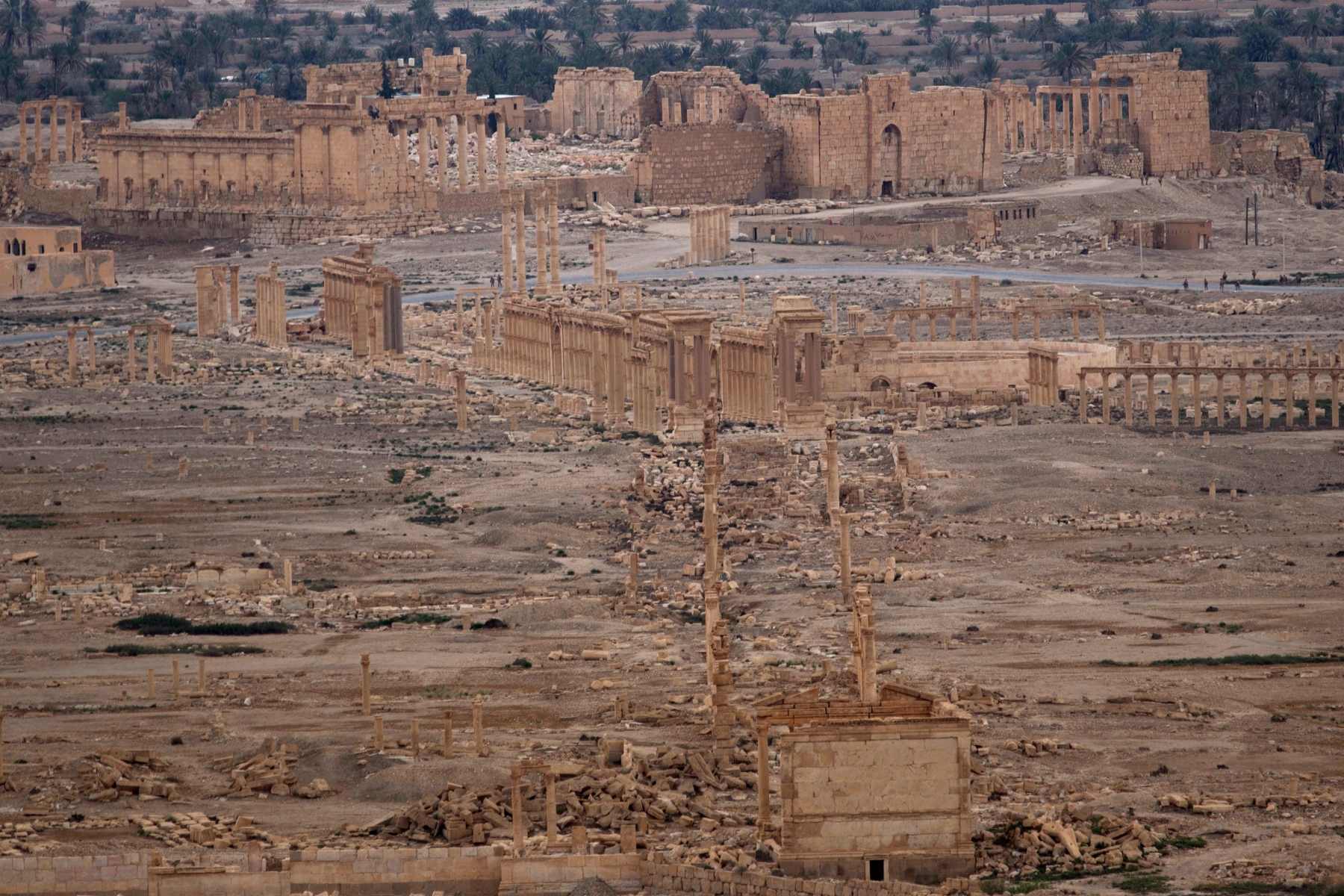 A general view shows the ancient city of Palmyra in the central city of Homs, Syria, Thursday, April 14, 2016. Russian combat engineers are in Syria on a mission to clear mines in Palmyra, which has been recaptured from Islamic State militants in an offensive that has proven Russia's military might in Syria despite a drawdown of its warplanes. (AP Photo/Hassan Ammar) Mideast Syria