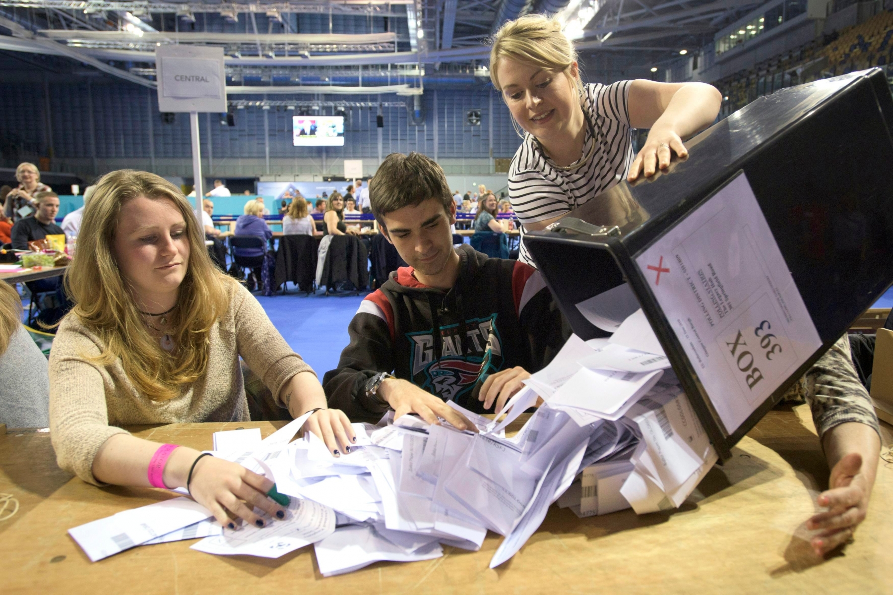 CORRECTS PLACE AND CITY - A ballot box is opened for counting at Emirates Stadium in Glasgow after the polls closed in the referendum on the UK membership of the European Union, late Thursday, June 23, 2016. Britain's referendum on whether to leave the European Union was too close to call early Friday, with increasingly mixed signals challenging earlier indications that "remain" had won a narrow victory. (John Linton/PA via AP) UNITED KINGDOM OUT NO SALES NO ARCHIVE CORRECTION Britain EU