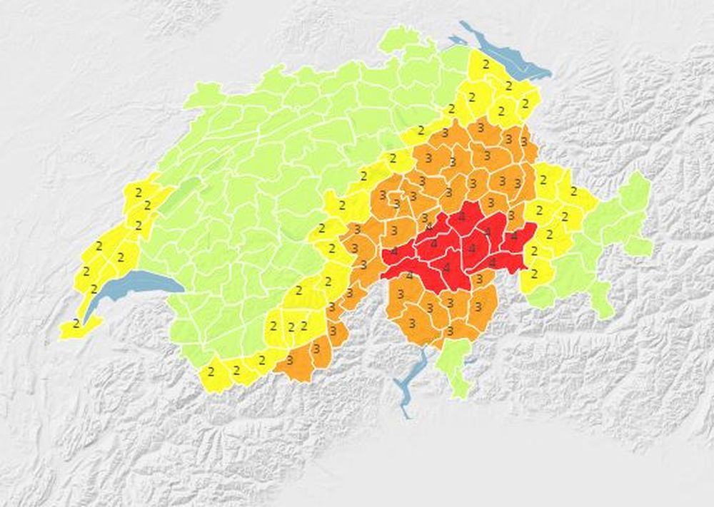 L'alerte n'est que de niveau 2 sur les Alpes valaisannes et la chaîne du Jura, du Val-de-Travers à Genève.