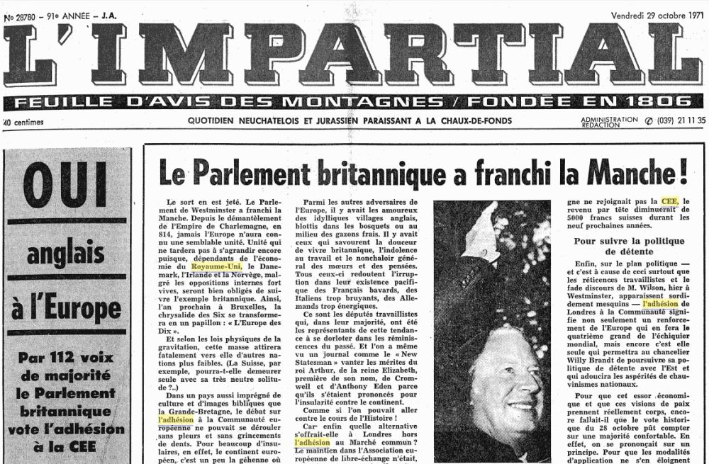 La Une de L'Impartial du 29 octobre 1971.