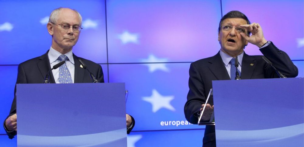 Jose Manuel Barroso, Président de la Commission Européenne, droite, et Herman Van Rompuy, Président de l'Union Européenne, au Sommet de l'Europe à BRuxelles.