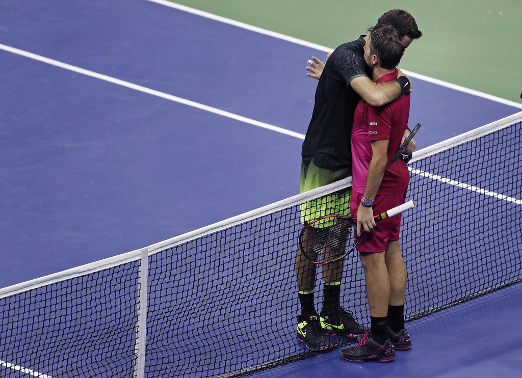 Juan Martin del Potro et Stan Wawrinka, après un match de très haut niveau à l'US Open. Beaucoup de respect entre les deux hommes.