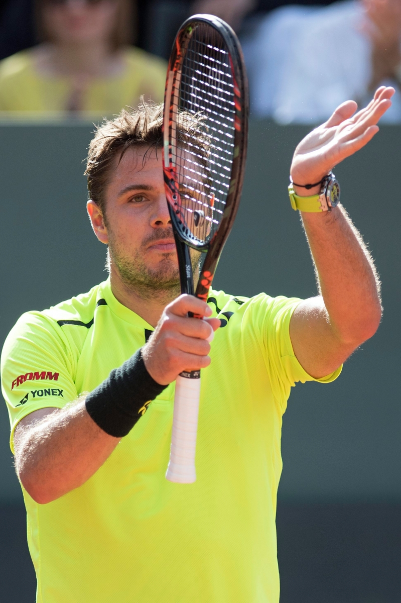 Switzerland's tennis player Stanislas "Stan" Wawrinka, reacts after winning against Lukas Rosol of the Czech Republic, during the Semifinal round match of the Geneva Open ATP 250 Tennis tournament, in Geneva, Switzerland, Friday, May 20, 2016. (KEYSTONE/Martial Trezzini) SWITZERLAND TENNIS ATP 250 WORLD TOUR 2016 GENEVA