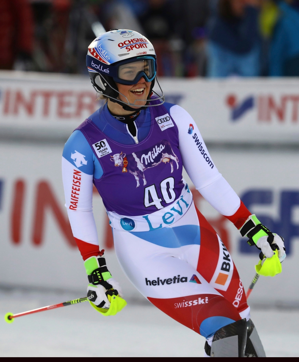 witzerland's Melanie Meillard crosses the finish line of the second run of an alpine skiing women's World Cup slalom, in Levi, Finland, Saturday Nov. 12, 2016. (AP Photo/Alessandro Trovati) Finland Alpine Skiing World Cup