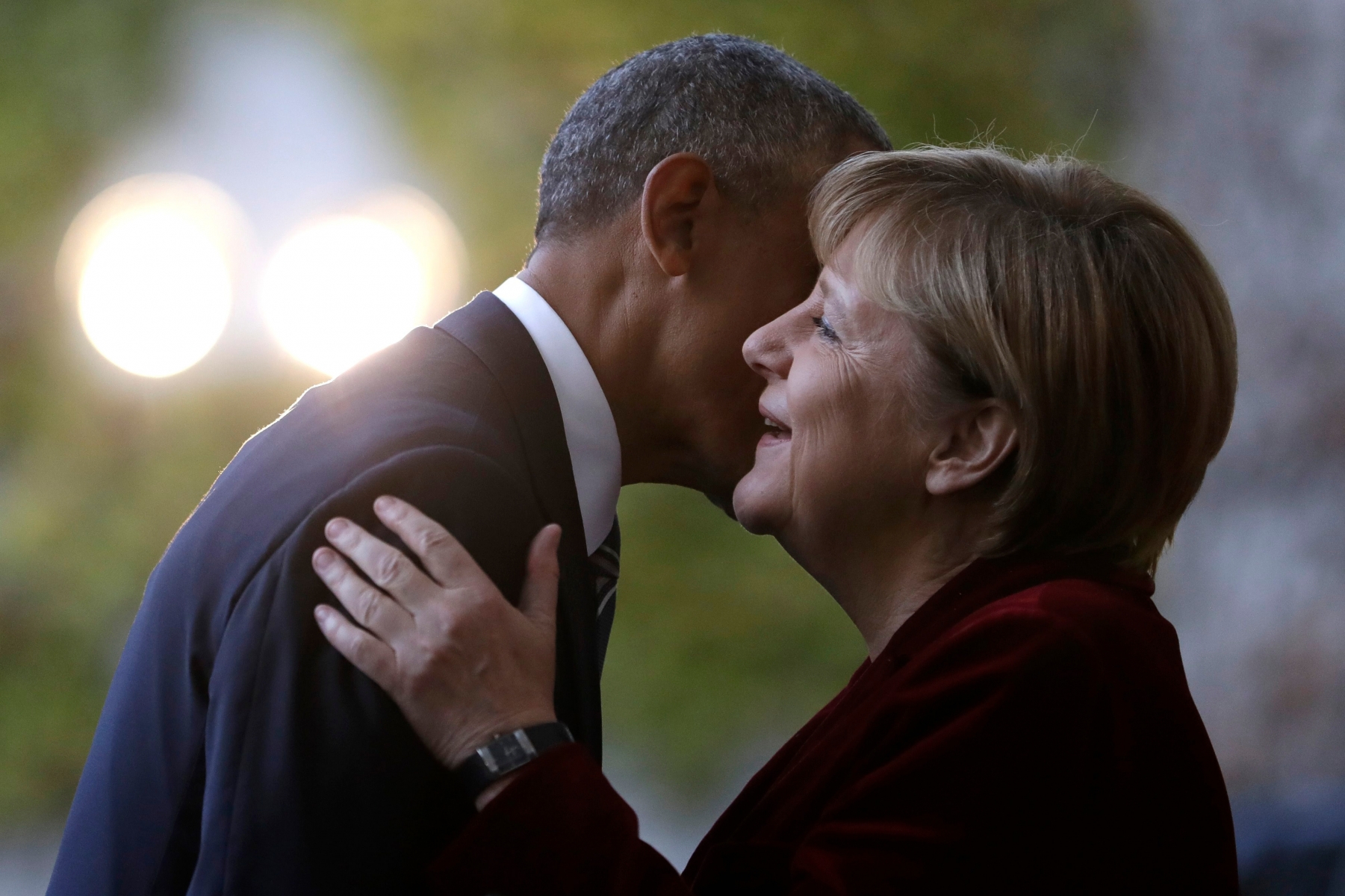 U.S. President Barack Obama, left, is welcomed by German Chancellor Angela Merkel prior to a meeting in the chancellery in Berlin, Germany, Thursday, Nov. 17, 2016. Germany is the last European stop of Obama's final tour abroad as U.S. president. (AP Photo/Michael Sohn) Germany US Obama