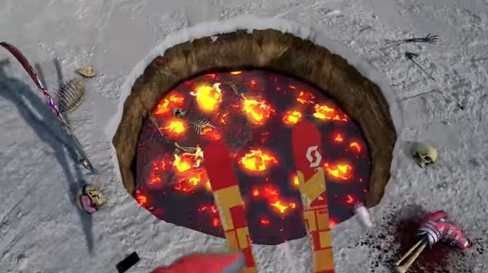 A un moment de la descente, le skieur muni d'un GoPro saute au-dessus d'un puits de lave où l'on aperçoit des restes de squelettes.