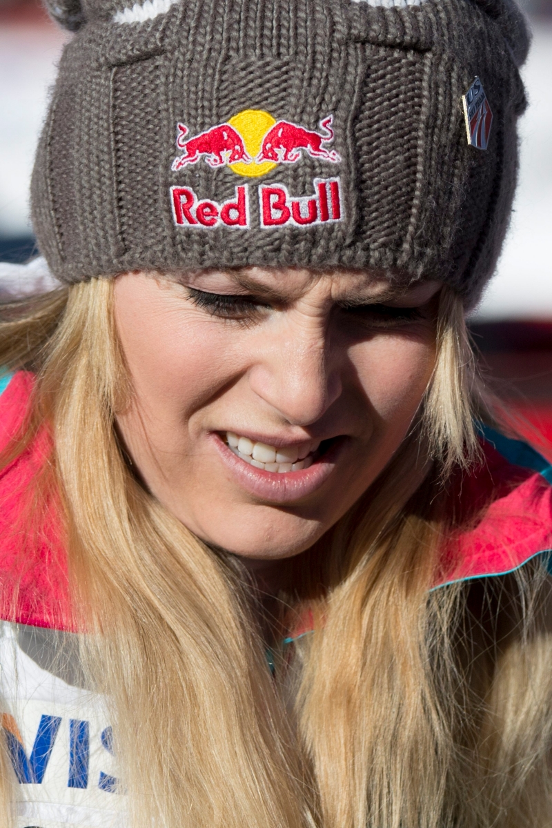 Lindsey Vonn of the USA, reacts in the finish area during the women's Downhill race of the FIS Alpine Ski World Cup season, in Val d'Isere, France, Saturday, December 21, 2013. (KEYSTONE/Jean-Christophe Bott) FRANCE SKI ALPIN WORLD CUP