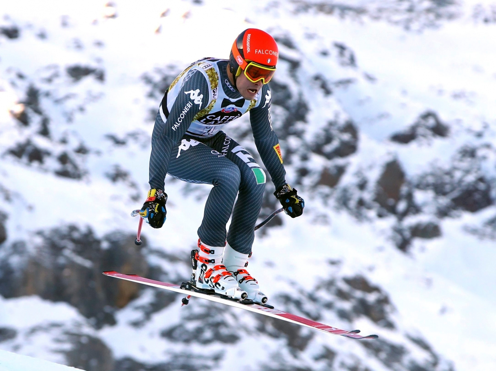 Italy's Christof Innerhofer is airborne during an alpine ski, mens' World Cup downhill training in Santa Caterina, Italy, Monday, Dec. 26, 2016. (AP Photo/Alessandro Trovati) Italy Alpine Skiing World Cup