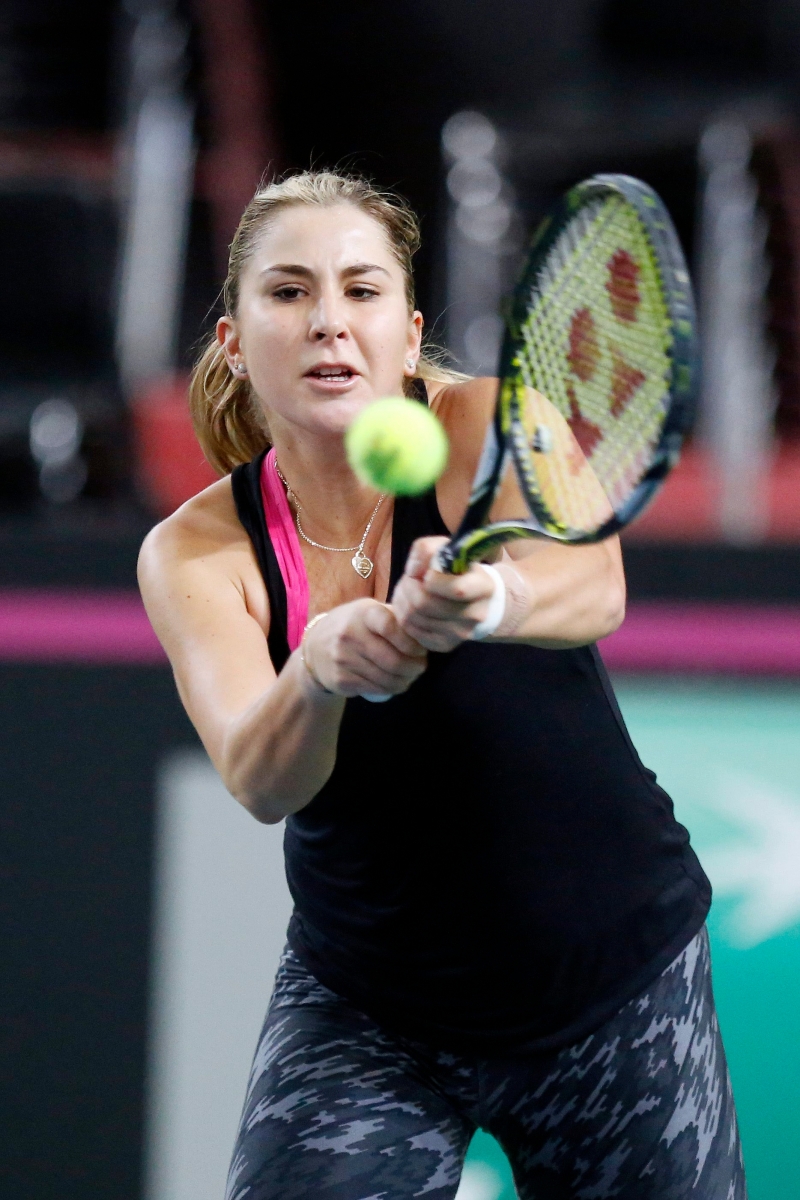 Belinda Bencic, of Switzerland, during a training session of the Swiss Fed Cup Team prior the Fed Cup World Group first round match between Switzerland and France, at Palexpo, in Geneva, Tuesday 7, February 2017. The Fed Cup World Group first round Switzerland vs France will take place from 11 to February 12. (KEYSTONE/Magali Girardin) SUISSE FEDCUP TRAINING SESSION